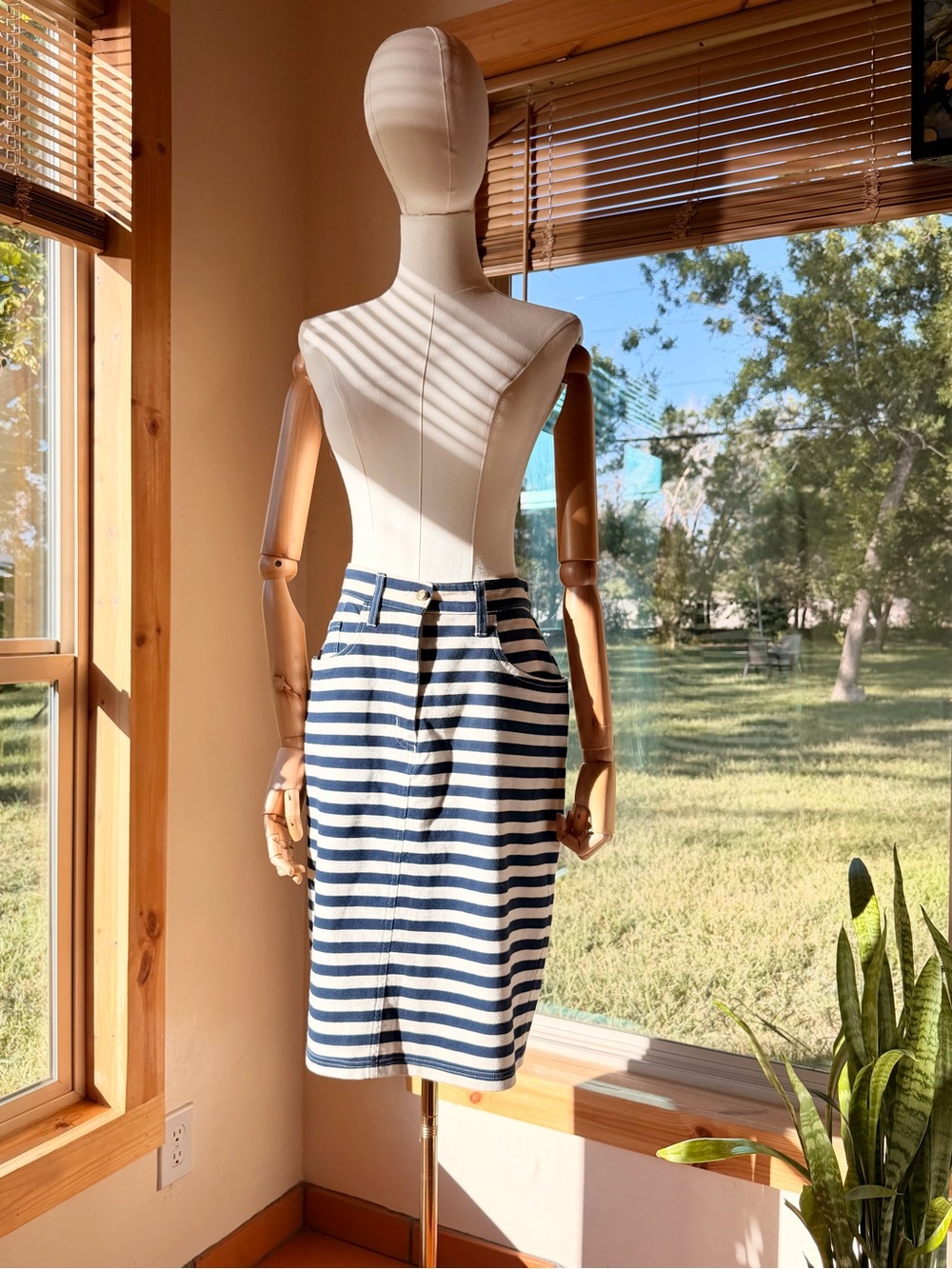 Vintage 80s MOSCHINO Archive Navy Blue Striped Skirt Peace Sing Made In Italy